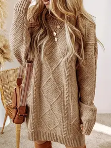 Women's Solid Color Crew Neck Cozy Cable Knit Sweater Dress, Casual Long Sleeve Pullover for Sping, Fashion Women's Knitwear for Daily Wear, Womenswear