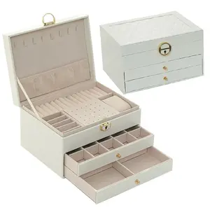 1pc Large Capacity Jewelry Storage Box, Cream Lockable Organizer for Necklaces Rings Watches, All-In-One Storage Solution
