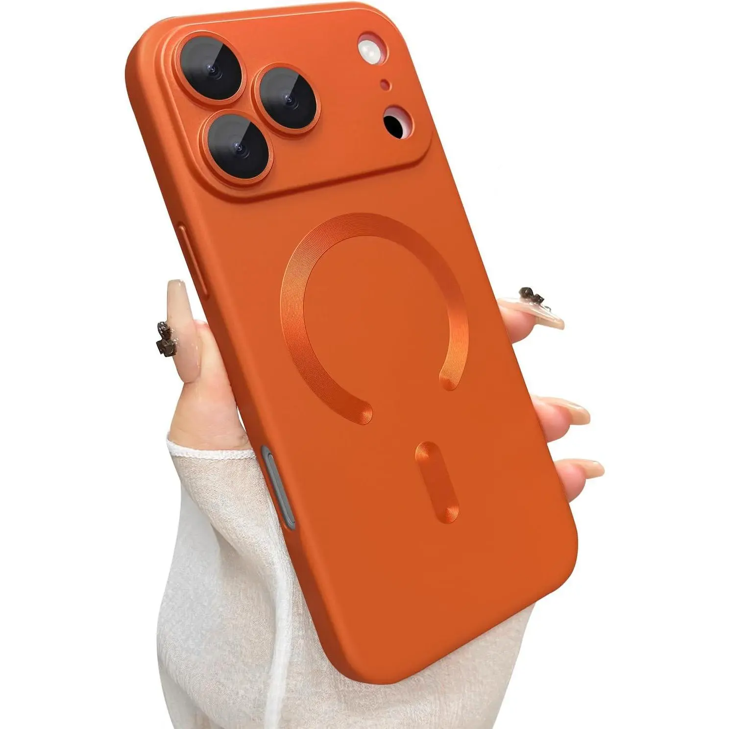 Magnetic for iPhone 17 Pro Max Case, with Camera Lens Protector, Compatible with Magnetic, Slim Shockproof Bumper Soft Silicone Metallic Luster Phone Case for iPhone 17 Pro Max, Orange