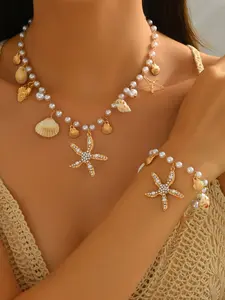 Fashion Ocean Series Pearl Starfish Shell Pendant Jewelry Set, 2 Piece Elegant Necklace Accessories, Stylish Sea Life Design, Maximalist Jewelry, Fashionable Jewelry Set
