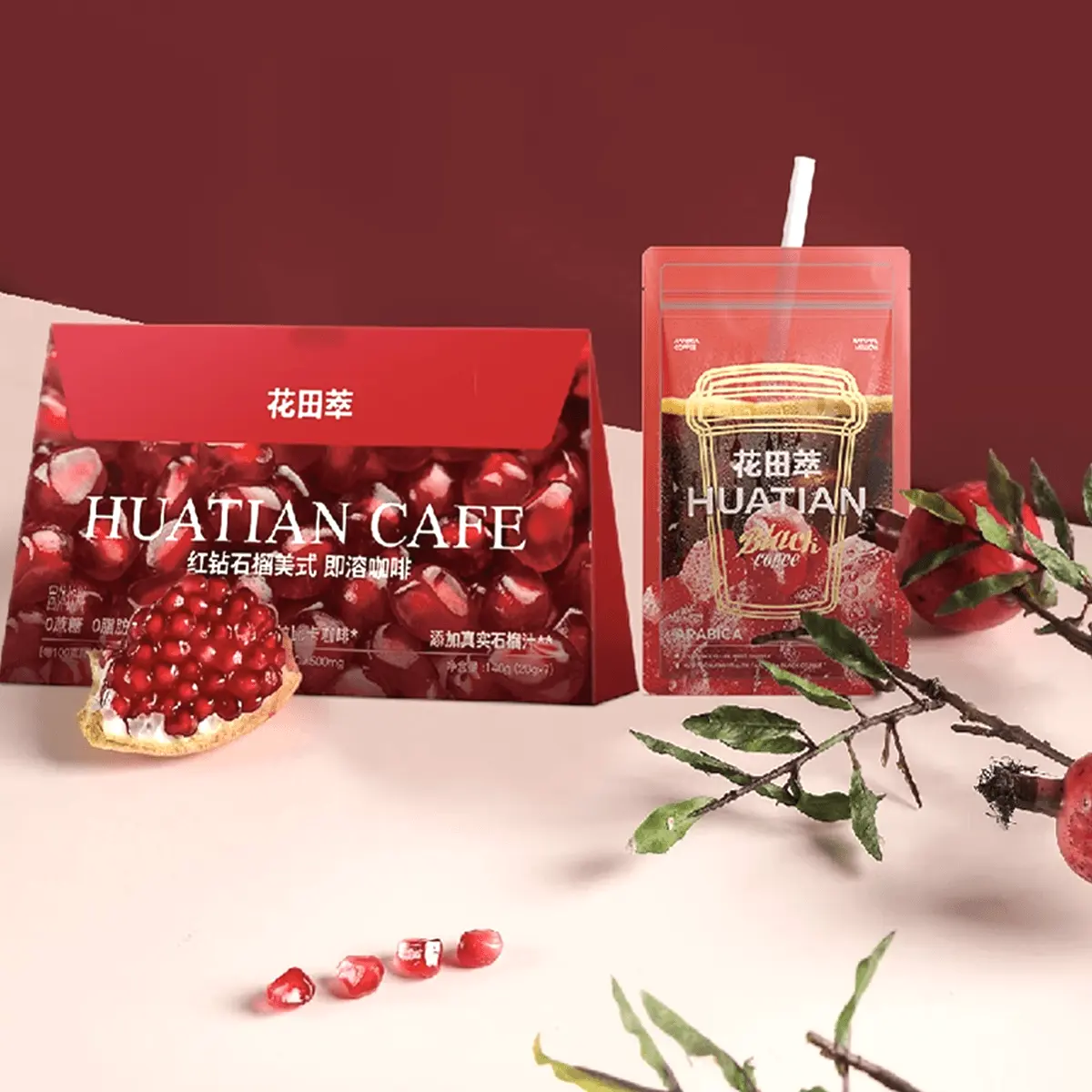 HUATIAN Pomegranate Americano Instant Coffee Mix - 7 Sachets (140g) | Low Calorie, Zero Sugar, Rich in Vitamin C