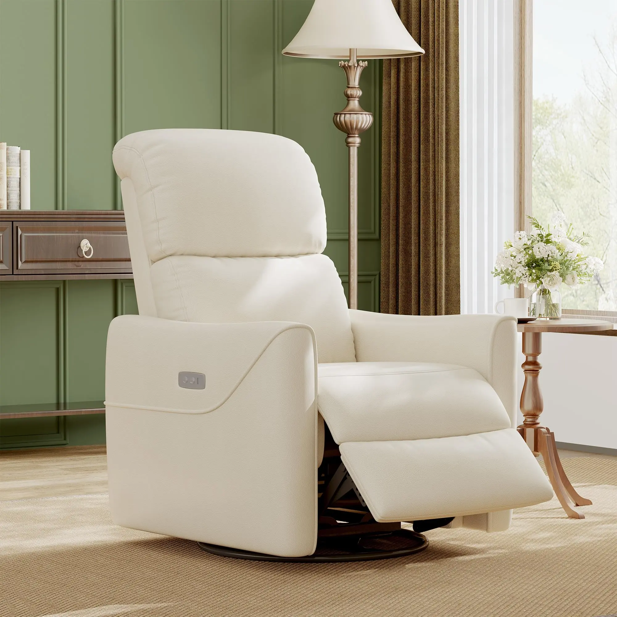 Power Swivel Glider Recliner with Lumbar Support & USB Charging, Electric Rocking Chair, Faux Leather Upholstery, Nursery Recliner for Living Room, Bedroom, Usb Port, Pu Leather, Glider Chair