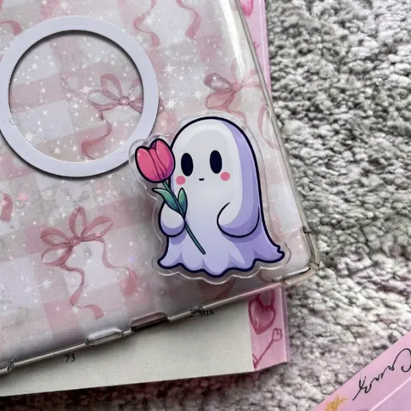 Pretty Little Ghost Phone Grip, Cute Ghost Holding Tulip Flower MagSafe PopSocket, Kawaii Purple Ghost Phone Socket, Cute Gift for Her