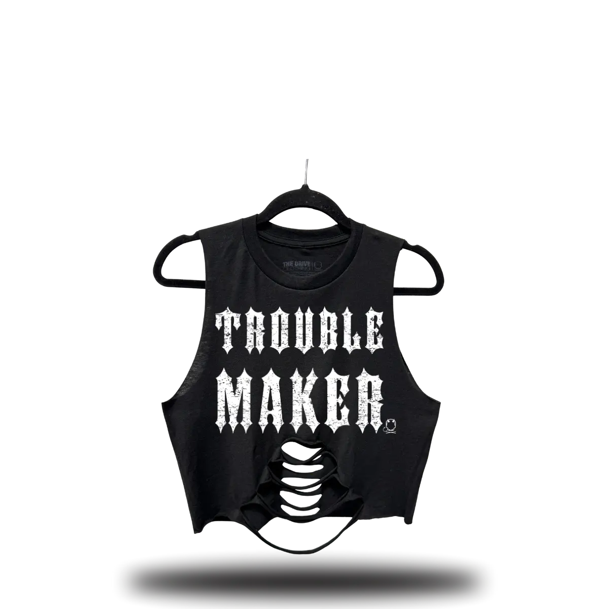 TheDriveClothing Trouble Maker Road Rash Mid Spine Crop Top – Black Vintage Streetwear Graphic Crop Top, Women’s Oversized Y2K Grunge Biker Fashion Cotton Tank Outfit Apparel