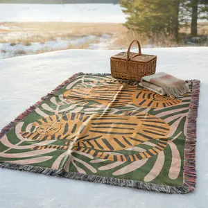 Yarn Woven Picnic Blanket with Tassel:Orange Tiger Pattern, Soft and Breathable, Multi Purpose for Travel Camping Shawl Beach Towel Lawns Weddings Concerts. Indoor Bohemian Decoration and Used As Bed Blanket Sofa Towel Tablecloth Tapestry Yoga