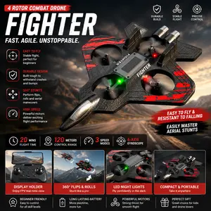 Remote Control Fighter Jet Drone for Kids and Beginners, 4-Rotor RC Combat Airplane with LED Lights, Easy to Fly & Durable Foam Aircraft, 3D Flips Aerial Stunts Toy Plane Boys Gifts