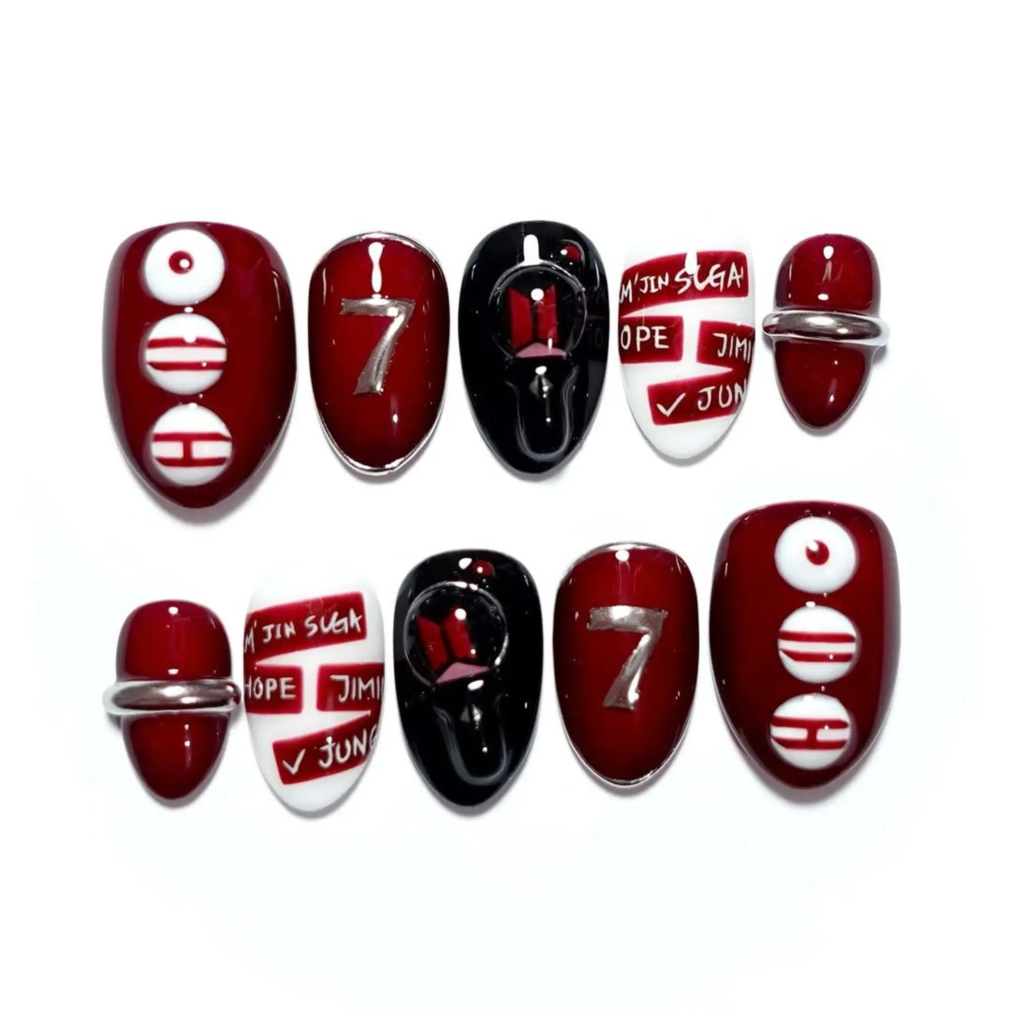 Concert Press On Nails | Kpop  Fake Nails | Red Gold 3D Chrome Nail Art | Kpop Fan Gift Press Ons | Korean Style Reusable Nails 7344CN