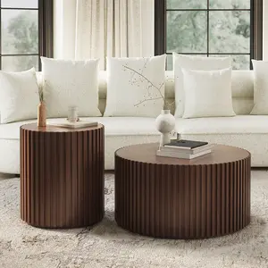 Fluted Round Coffee Table and End Table Set, 2-Piece Modern Wood Drum Coffee Table Sets, for Living Room, Walnut, Fully Assembled