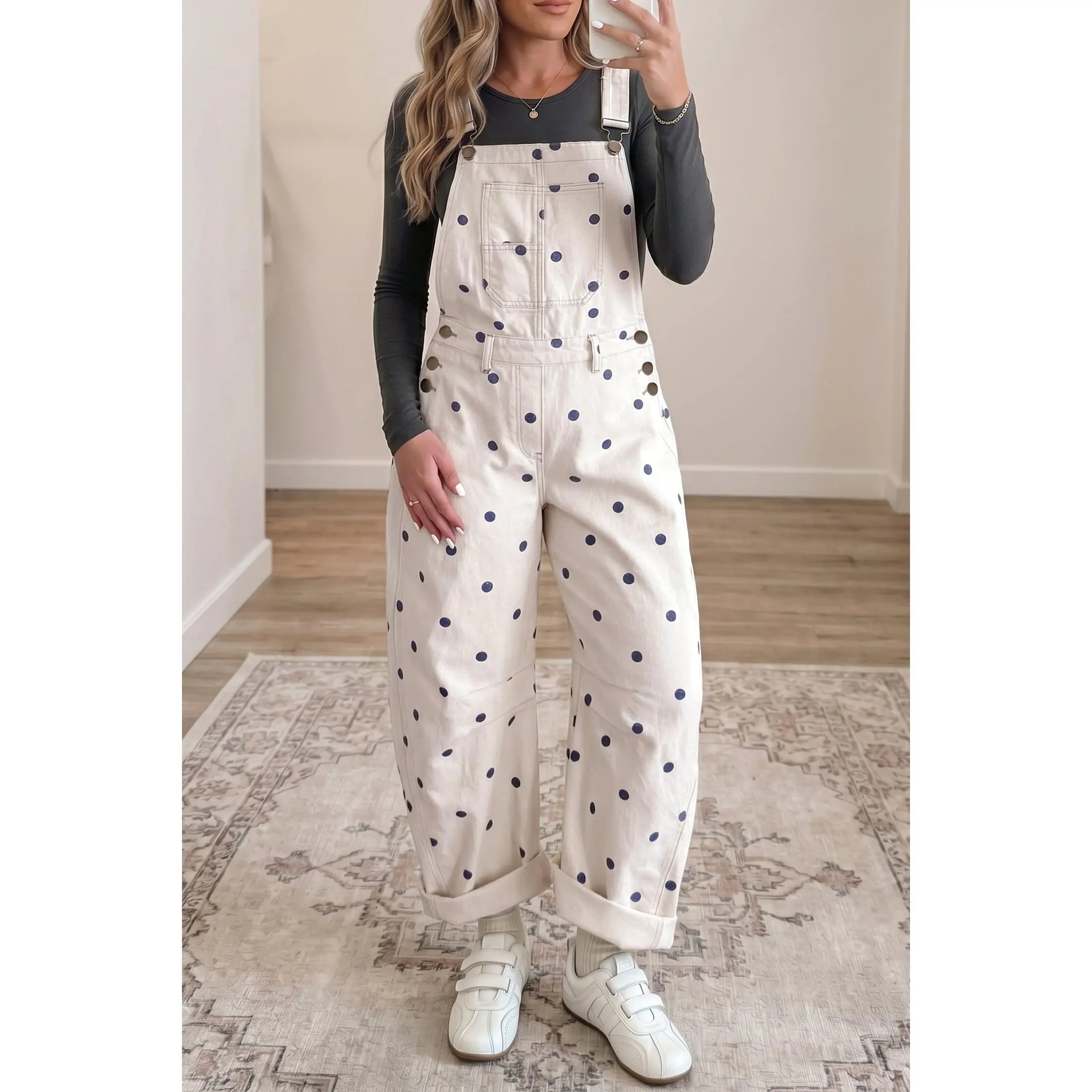 Jet Stream Polka Dot Print Bib Pocket Denim Barrel Overalls Jumpsuit