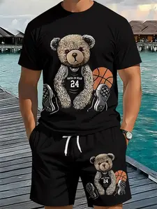 Men's 3D Digital Printed Two-Piece Set with Black Background, Basketball and Cute Bear Design, 2Pcs, Crewneck, Vacation Style Fashion Outfit, Breathable Sports Casual Style, a Perfect Holiday Gift