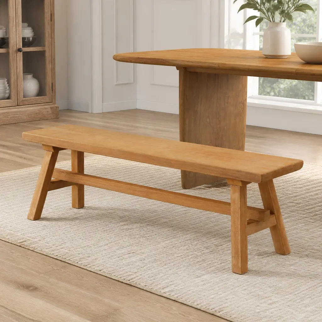 Solid Wood Bench 39 Inch Farmhouse Entryway Bench Natural Rubberwood Dining Room Bench Indoor Rustic Storage Bench for Living Room Hallway Bedroom Extra Seating Easy Assembly, Natural Wood Color Options, Rubber Wood Material, Farmhouse Style