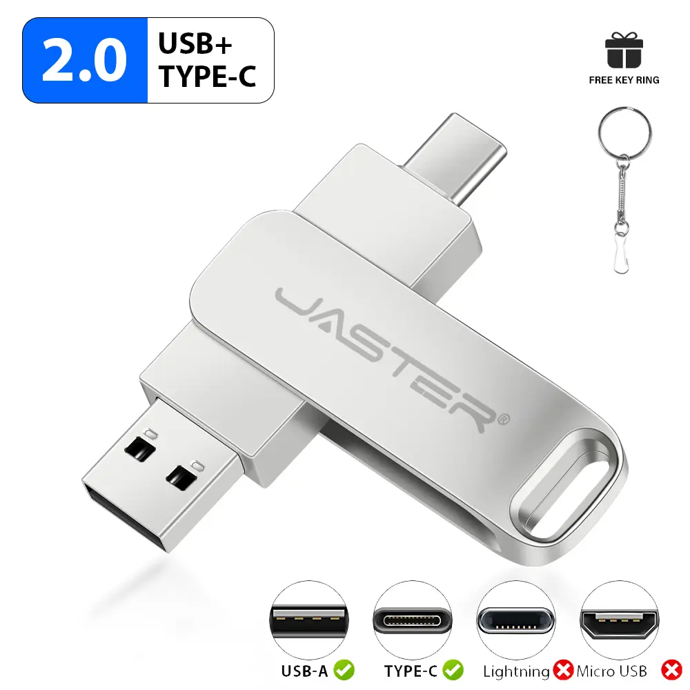 JASTER TYPE-C USB Flash Drive 128GB Mini Metal USB-C Pen Drive 64GB Free Key Chain Memory Stick 32GB Pendrive 16GB USB Stick 8GB