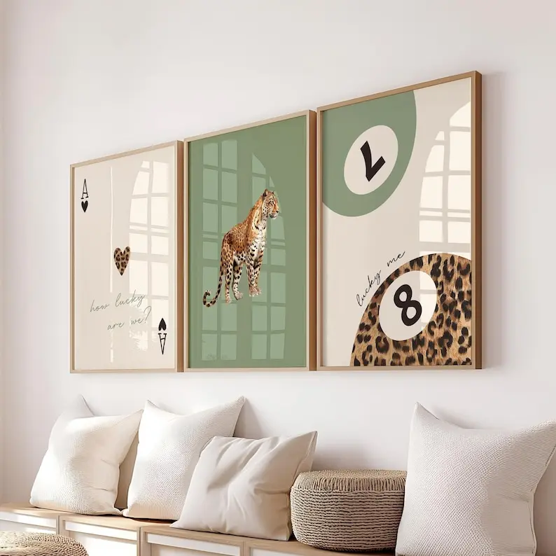 Sage Green Leopard Cheetah Print Set of 3 How lucky are we Lucky 8 Ball Cheetah Posters