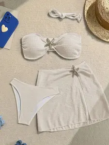 Blue Starfish Decor Textured Bikini Set: 3pcs Bandeau Tube Top Swimsuit for Women, Summer Vacation Beachwear