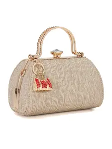 Shimmering gold elegant clutch, with rhinestone handles and a mini bag charm, designed for weddings, parties, and dances, a fashion accessory that can be worn as a crossbody bag with the included shoulder strap, ladies' evening bag