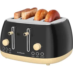 4 Slice Retro Stainless Steel Toaster Extra Wide Slots Dual Independent Control Panel Cancel Bagel Defrost Removable Crumb Tray Matt Black