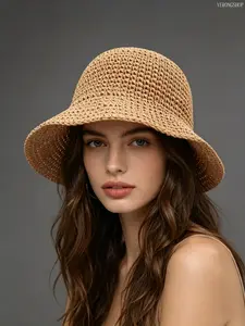 Women Straw Fisherman Hat, Handwoven Wide Brim Sun Cap, Foldable Breathable Beach Hat, Lightweight Summer Headwear for Women, Ideal for Vacation, Travel, Outdoor & Coastal Daily Wear