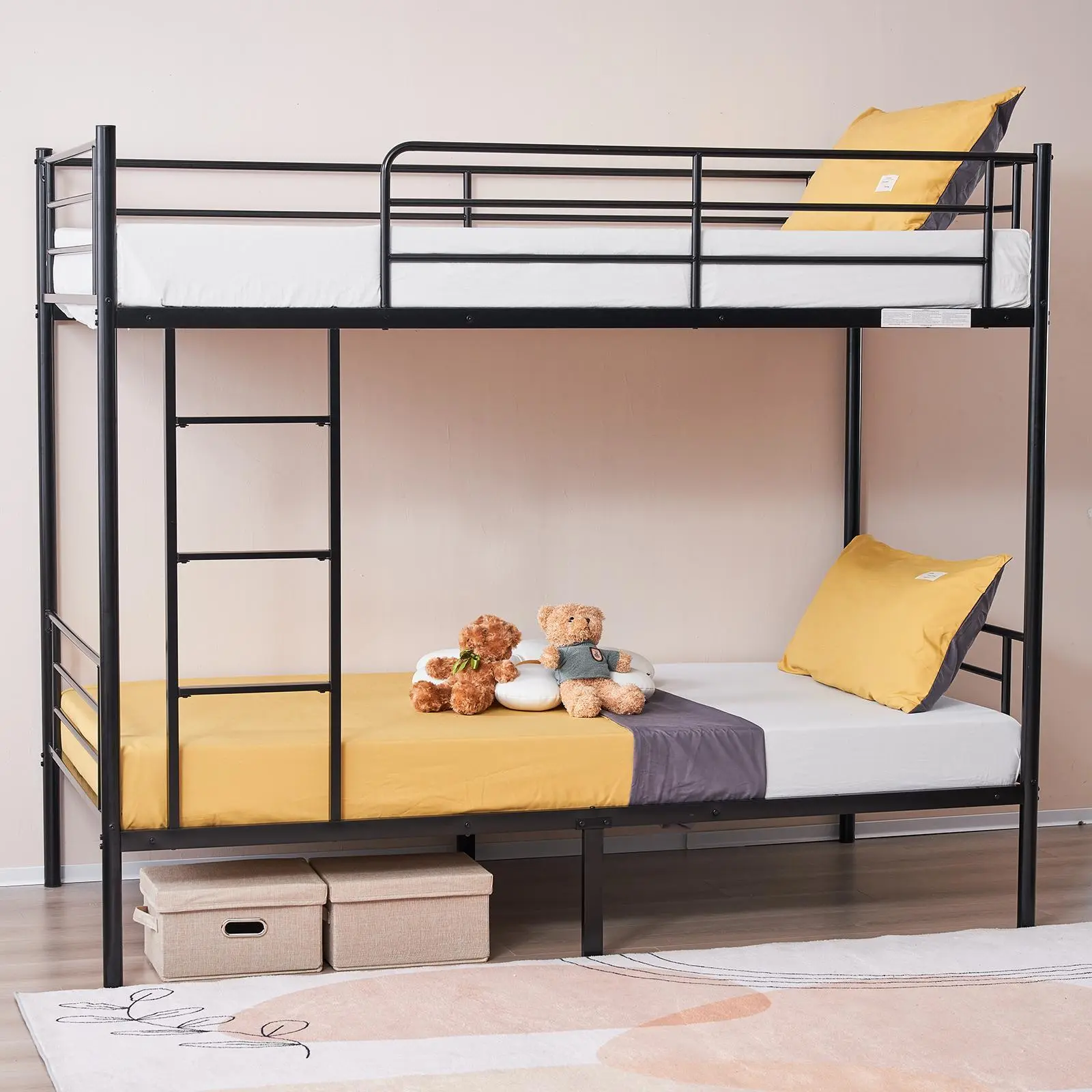 Black Iron Twin Size Bunk Bed with Ladder for Kids, Sturdy Heavy-Duty Kids Bunk Bed Frame for Bedroom Space Saving