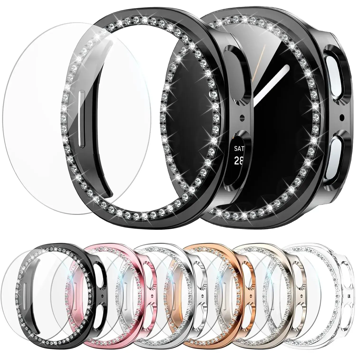 6+6 Pack Bling Case for Samsung Galaxy Watch 8 44mm Screen Protector, Sparkling Rhinestone Hard PC Case + HD Anti-Fog Tempered Glass Film, Waterproof Face Cover Set for Galaxy Watch 8 44mm