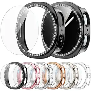 6+6 Pack Bling Case for Samsung Galaxy Watch 8 44mm Screen Protector, Sparkling Rhinestone Hard PC Case + HD Anti-Fog Tempered Glass Film, Waterproof Face Cover Set for Galaxy Watch 8 44mm