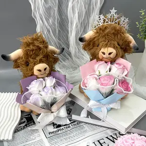 Cute Highland Cow Plush Toy with Rose, 1 Count LovelyPlush Toy with Greeting Card, Gift for Friends, HomeDecor, Room Decor