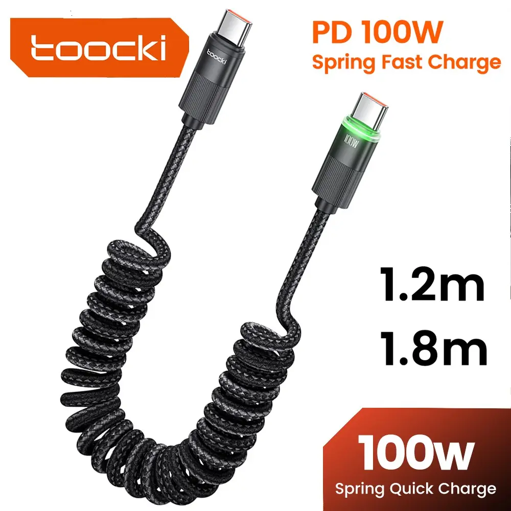 Toocki 100W Type C To Type C Spring Retractable Aluminium Alloy Data Cable charging accessory With Intelligent Indicator light USB C Super Fast Charging Cable For iPhone 17 16 15 Xiaomi Samsung S23 S24 Macbook