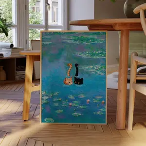 [UNFRAMED] Black & Orange Cat Print Monet Waterlily Funny Poster Wall Art Home Valentines Day Decor