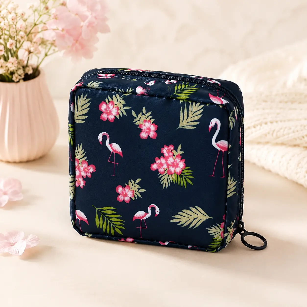 Sanitary Napkin Storage Bag, Odor-Proof Portable Menstrual Pad Storage Bag, Small Zipper Storage Bag for Outdoor Travel, Home Organizer Supplies Dark Blue Flamingo