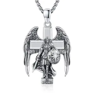 S925 Sterling Silver Archangel Saint Michael Cross Pendant Necklace for Men and Women Springtok TikTokShopBlackFriday