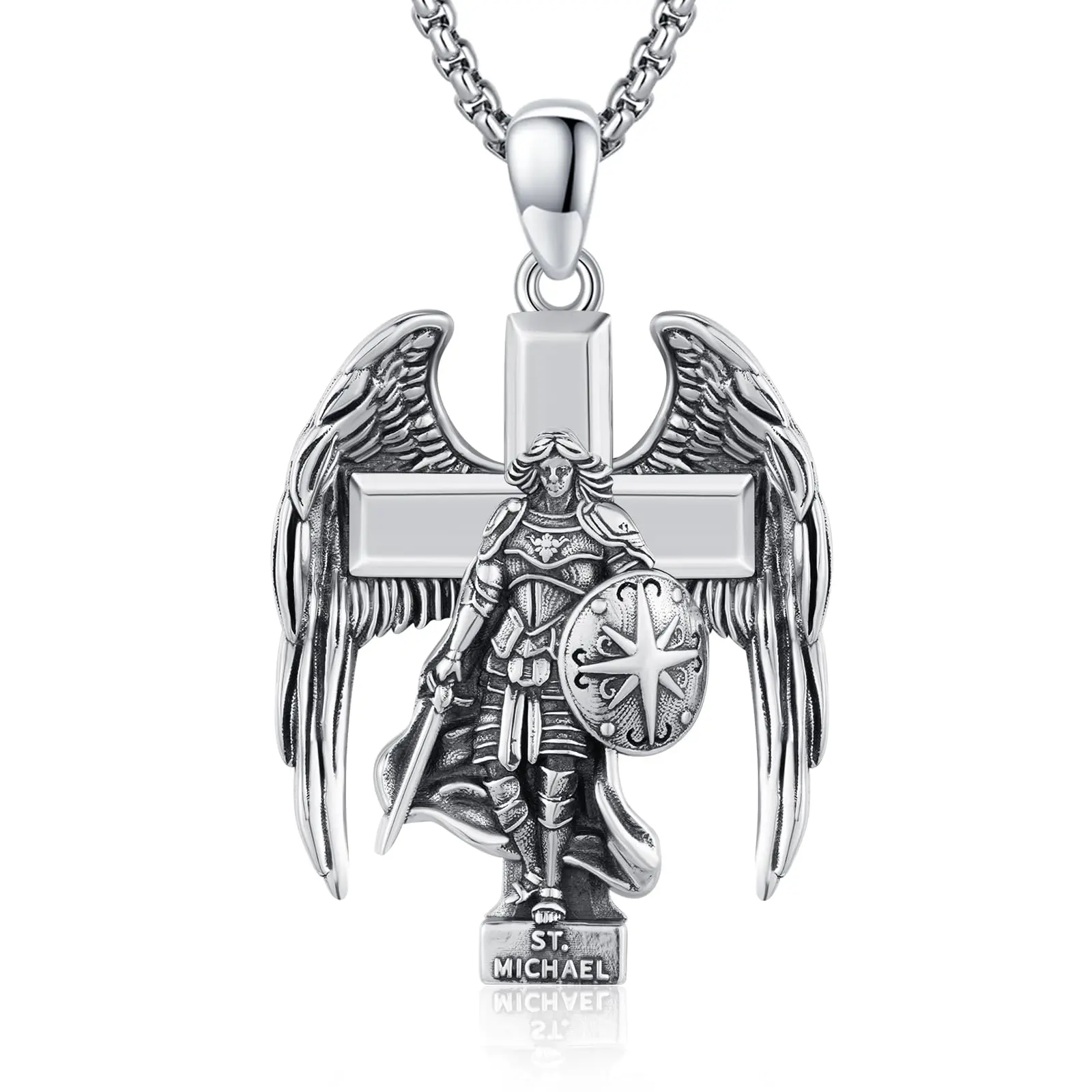 S925 Sterling Silver Archangel Saint Michael Cross Pendant Necklace for Men and Women Springtok