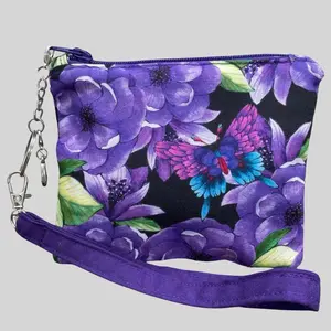 Purple Floral Purse, Spring Wristlet Pouch, Butterfly Change Purse, Zipper Coin Bag