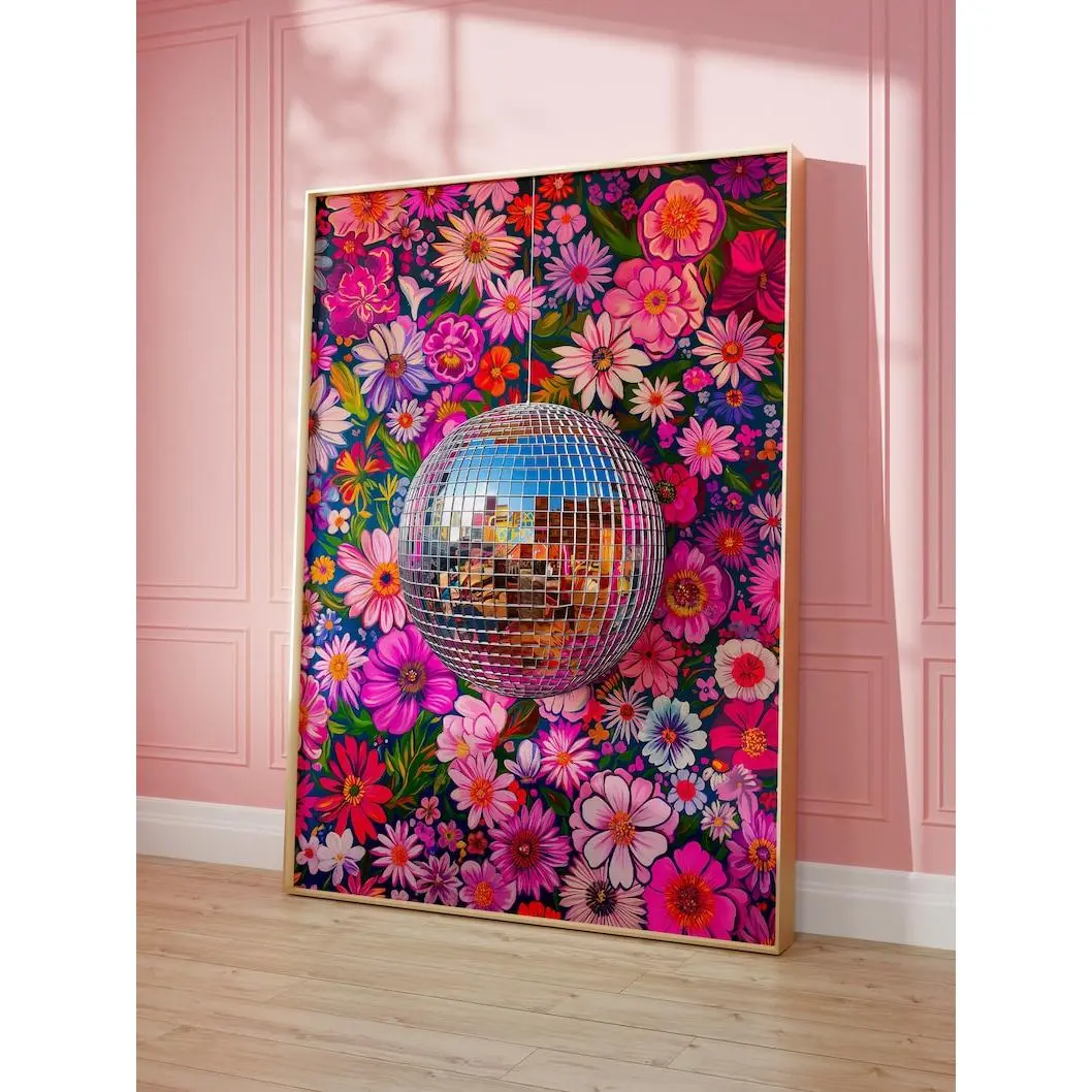 Trendy Eclectic Framed Maximalist Disco Ball Oil Painting - Bold Colors Brightening Brightly Decorated Dopamine Botanical Print, Blush Pink Kitsch Home Decor Poster for Living Room, Bedroom