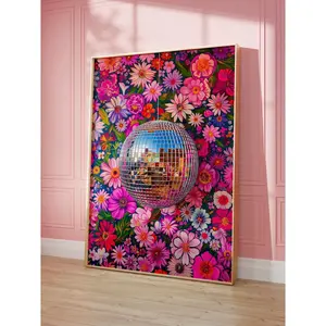Disco Ball Maximalist Oil Painting, Vivid Bold Dopamine Botanical Picture, Living Room Colorful Trendy Kitsch Pink Print    For Living Room Bedroom Office Decor Modern Wall Art Statement Piece