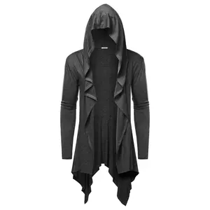 Long Hooded Cardigan Ruffle Shawl Collar Open Front Lightweight Drape Cape Overcoat with Pockets