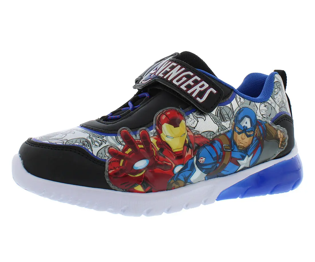 Marvel Boys' Black/Silver Light-Up Sole Sports Shoes - PS & Kids Sizes, Secure Fit, Stay-Put Strap, Casual Sports Use, No