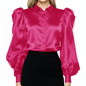 Deep Pink - Women Satin Puff Long Sleeve Blouse Button Down Shirt Casual Party Work Wear Ladies Elegant Blouse
