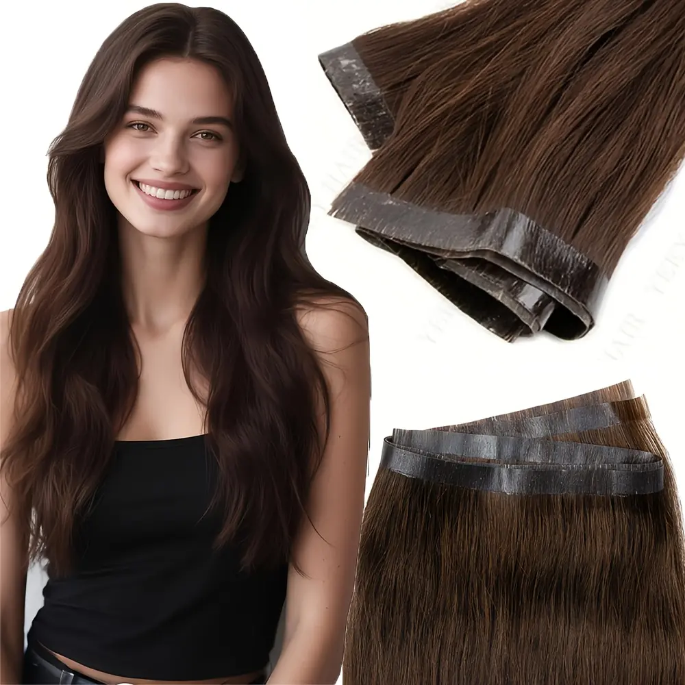 2025 Fashion NewNo-Glue Tape-On Human Hair Extensions with Invisible PU Beige Weft - Brown Straight Hair Bundles for &, Clip-Hair Additions, -Removal (Brown Tones, Short/Long Lengths) - Instant Volume & Length-YUNZHI