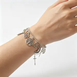 Vintage Witch Charm Bracelet Silver Pagan Wicca Jewelry Tree of Life Sun Moon Pentacle Owl Celtic Knot Bracelet Dark Gothic Boho Celestial Mystical Witchy Bracelets Gift for Women Men