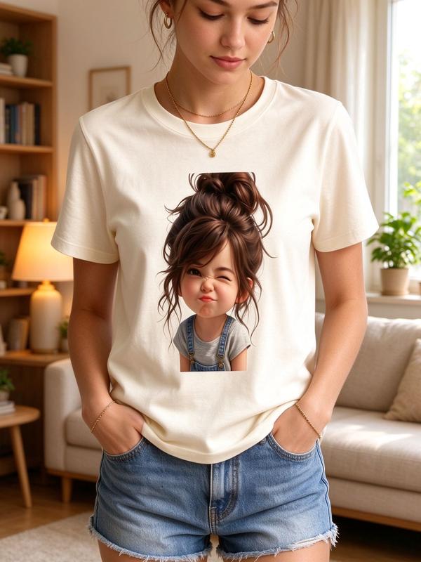 Women's Plus Size Fitted Casual Short Sleeve Graphic Cotton T-Shirt - Elastic Fabric, Sassy Messy Bun Crew Neck, Cute Business Anniversary Top