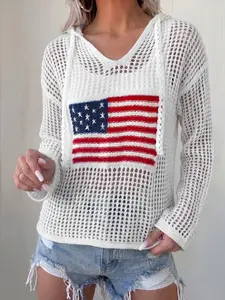 Women's Hollow Out Crochet Knit American Flag Hoodie Daily Casual Long Sleeve Lightweight Shift Pullover Sweater