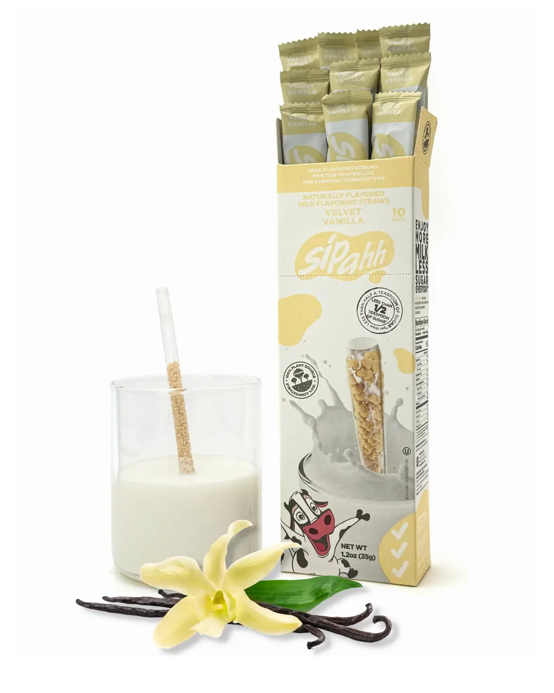 Sipahh VELVET VANILLA Milk Flavoring Straws 10-Pack | Low Sugar |for Kids Drink | No Artificial Flavors, Colors or Preservatives | Eco-Friendly | Works with Dairy & Plant-Based Milk | Great Snack or Gift Idea Natural Beverage VANILLA Flavored