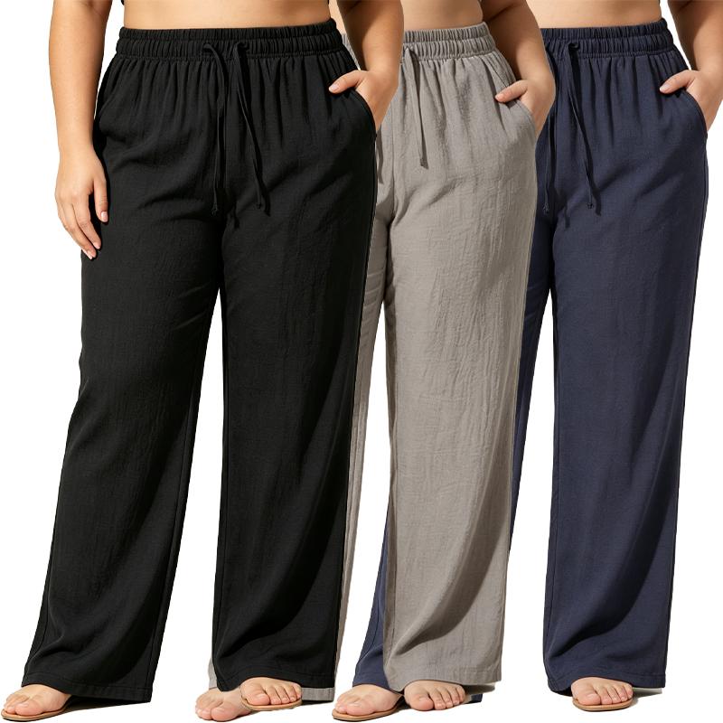 3-pack women’s drawstring joggers for fuller figures, featuring a ruched linen texture, high-stretch waistband, loose wide-leg fit, side pockets, breathable and lightweight—ideal summer casual beach sports pants.