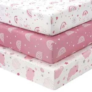 Baby Crib Sheets for Girls, 3 Pack Fitted Toddler Bed Sheets for 52”x28” Standard Crib and Toddler Mattresses, Super Soft Microfiber Pink Rainbow