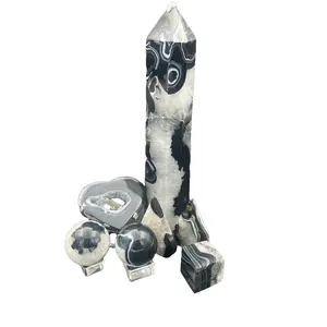 Genuine Crystal 5 All Black Agate Crystal Decorative Tower Spheres & Flames High-Quality Natural Stone Artisanal Home Office Decor