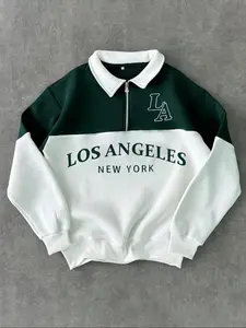 Men's Regular Letter Print Fit Contrast Trim Zip Up Half Placket Sweatshirt, Casual Comfy Long Sleeve Collared Pullover for Spring & Fall, Fashion Men's Top for Daily Wear, Hoodie