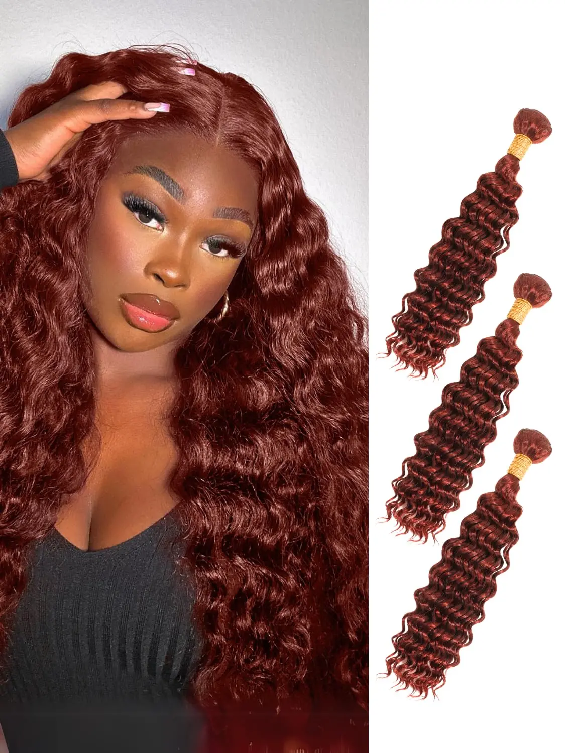 Reddish Brown Deep Wave Bundles Human Hair , 12A Brazilian Virgin Auburn Copper Red Colored Weave Bundles Human Hair Thick Track Remy #33b Reddish Brown Curly Bundles Sew in weave