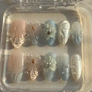 Blue Blossom  Tips 3D Reusable Handmade Press-On Nails - Acrylic Almond Shape, Natural Finish, Durable & Stylish for Salon-Perfect Look Multicolor