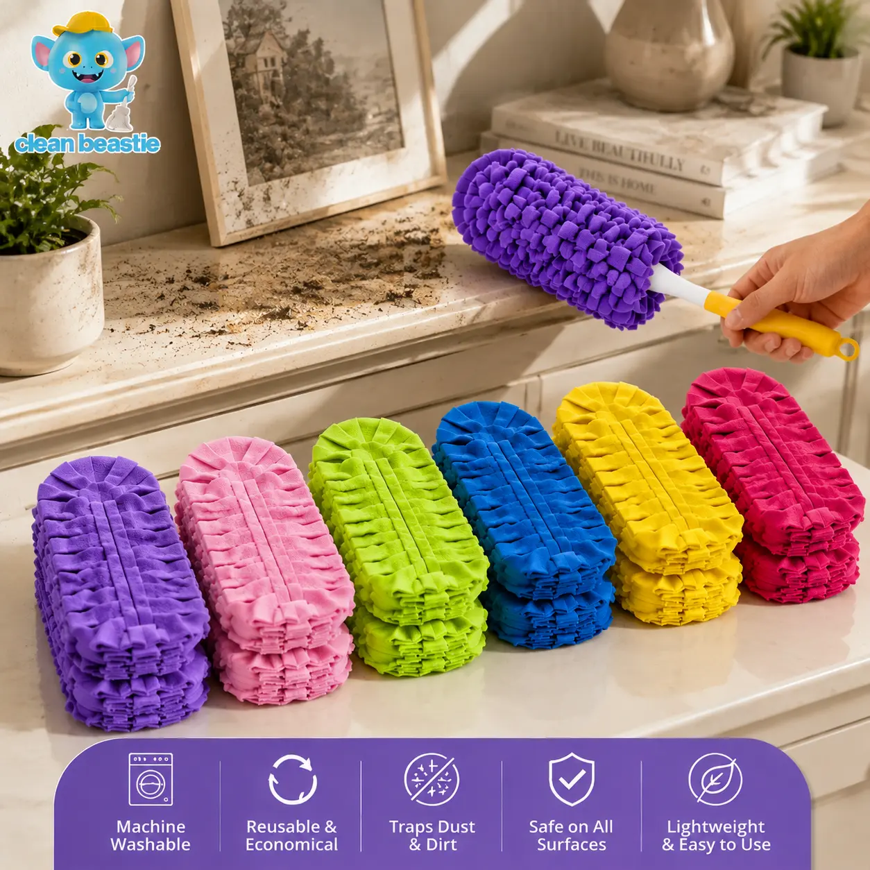 12PCS Washable Duster Refills with Handle Compatible with Swiffer Dusters, Reusable Electrostatic Duster Cloth, 360° Large Microfiber Dusting Heads, Machine Washable for Furniture, Ceiling Fans, Blinds & Car