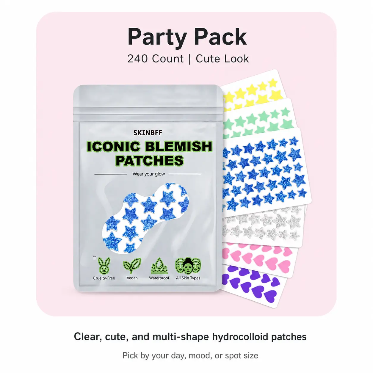 Hydrocolloid Acne Blemish Patches (240 Pcs) for Face - Purple, Pink Hearts Skincare Tool