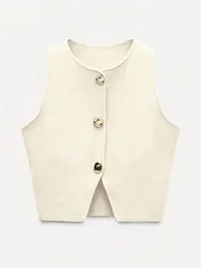 Women's Minimalist Short Vest, Slim Fit Sleeveless Metal Button Backless Top, Daily Streetwear Layering Piece for Girls